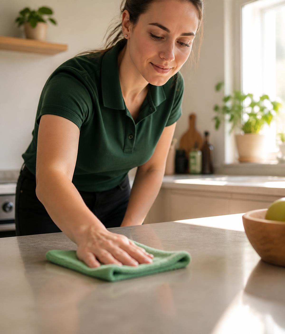 Medarbetare från Eliz AB torkar av en köksbänk